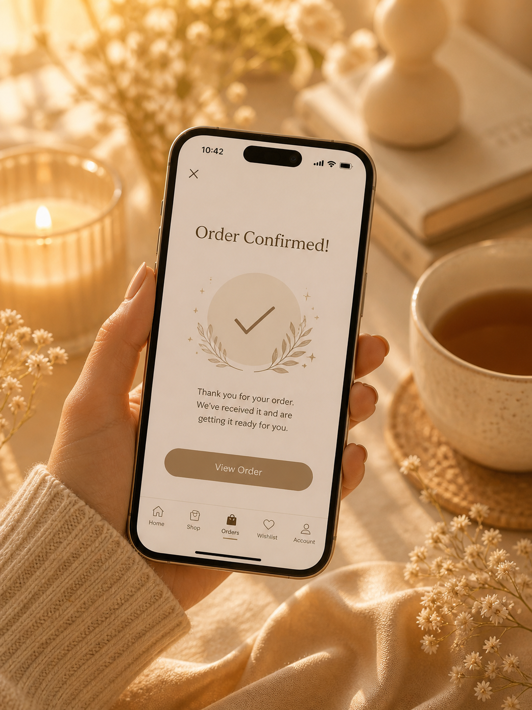 Order confirmed screen with candle and journal styling